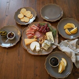 Bombay Dinnerware Brown Gray Set of 5 - 1 Cake Plate & 4 Dessert Plates Dishes